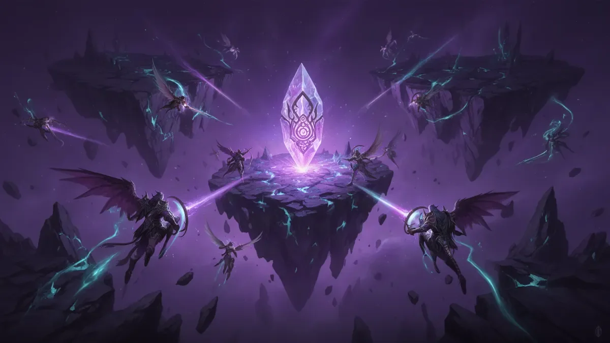 AION 2 Abyss illustration: winged Elyos and Asmodians battling over floating islands around an artifact