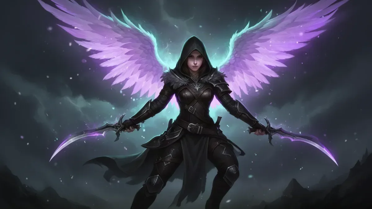 AION 2 Assassin build illustration: hooded Daeva with twin curved daggers