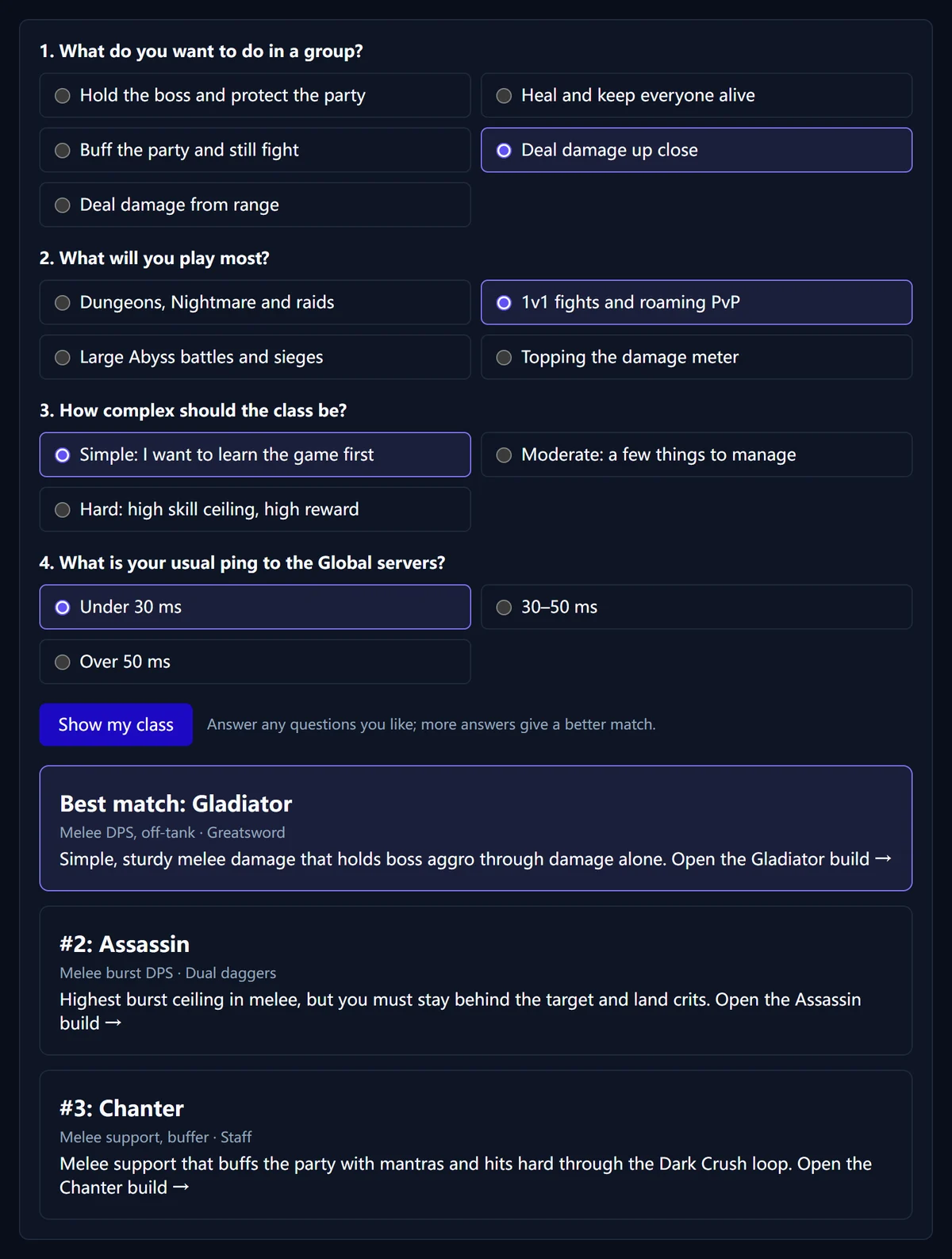Screenshot of the AION 2 class quiz recommending Gladiator, Assassin and Chanter for an easy melee solo PvP player