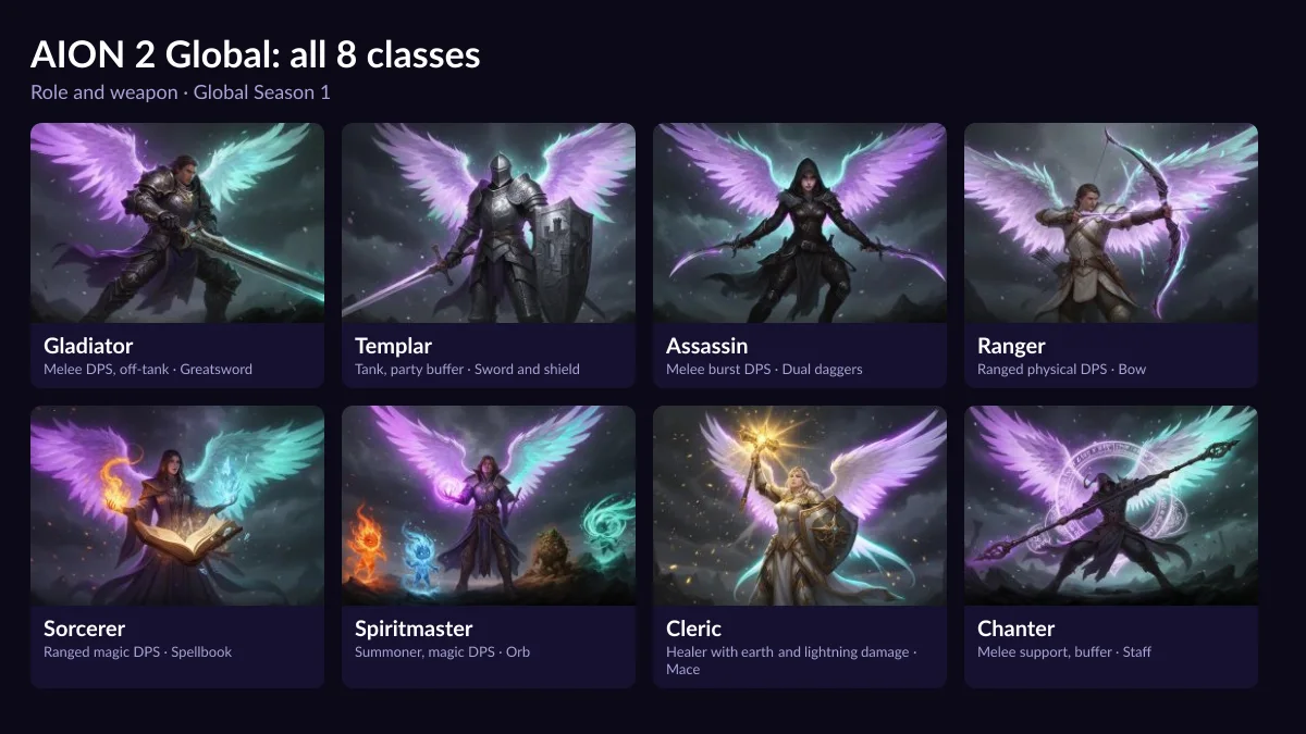 All 8 AION 2 Global classes with role and weapon: Gladiator, Templar, Assassin, Ranger, Sorcerer, Spiritmaster, Cleric, Chanter