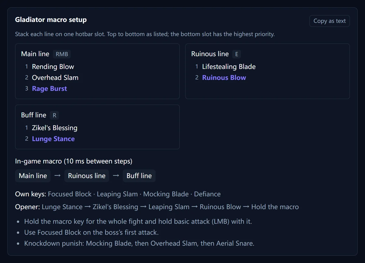 Screenshot of the Gladiator macro setup: main, Ruinous and buff hotbar lines with 10 ms steps