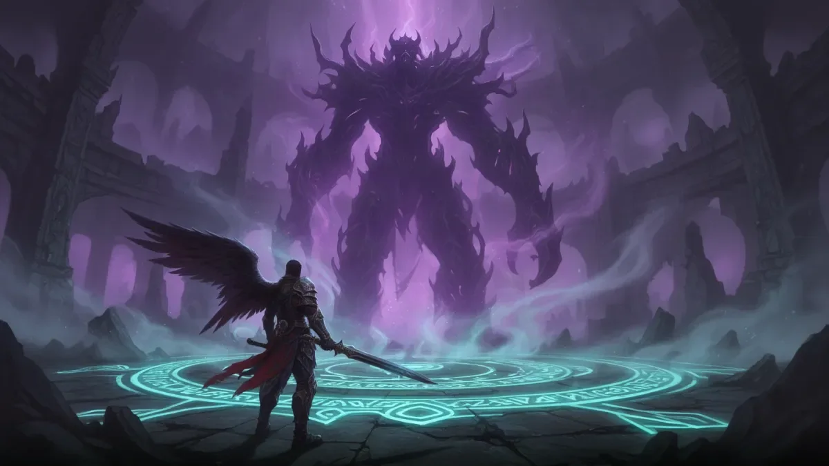 AION 2 Nightmare illustration: a lone winged warrior facing a giant shadow boss in a rune-lit arena