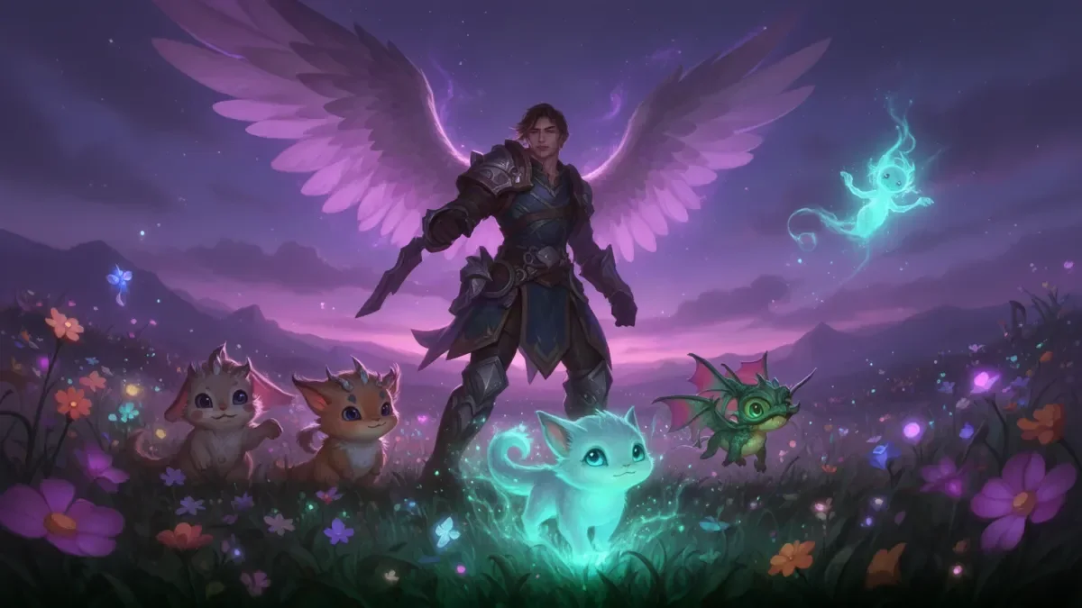 AION 2 pets illustration: a winged adventurer with small creature companions and a floating spirit