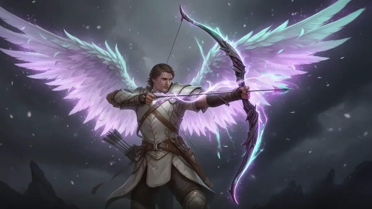 AION 2 Ranger build illustration: winged archer drawing a glowing bow