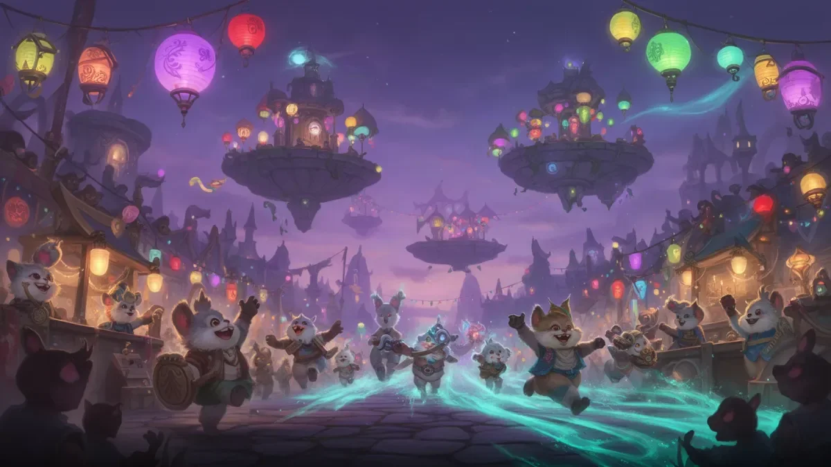 AION 2 Shugo Festival illustration: lantern-lit fair with small merchant creatures cheering a race