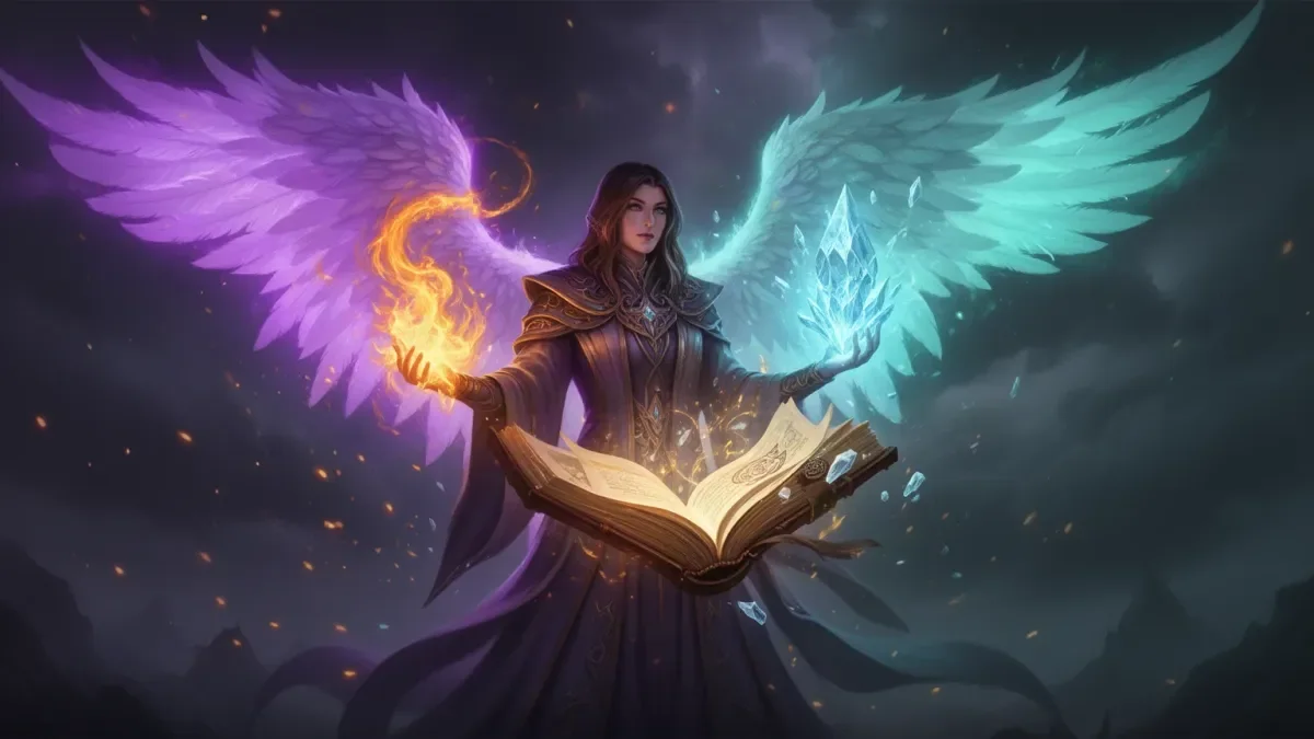 AION 2 Sorcerer build illustration: caster with spellbook, fire and ice