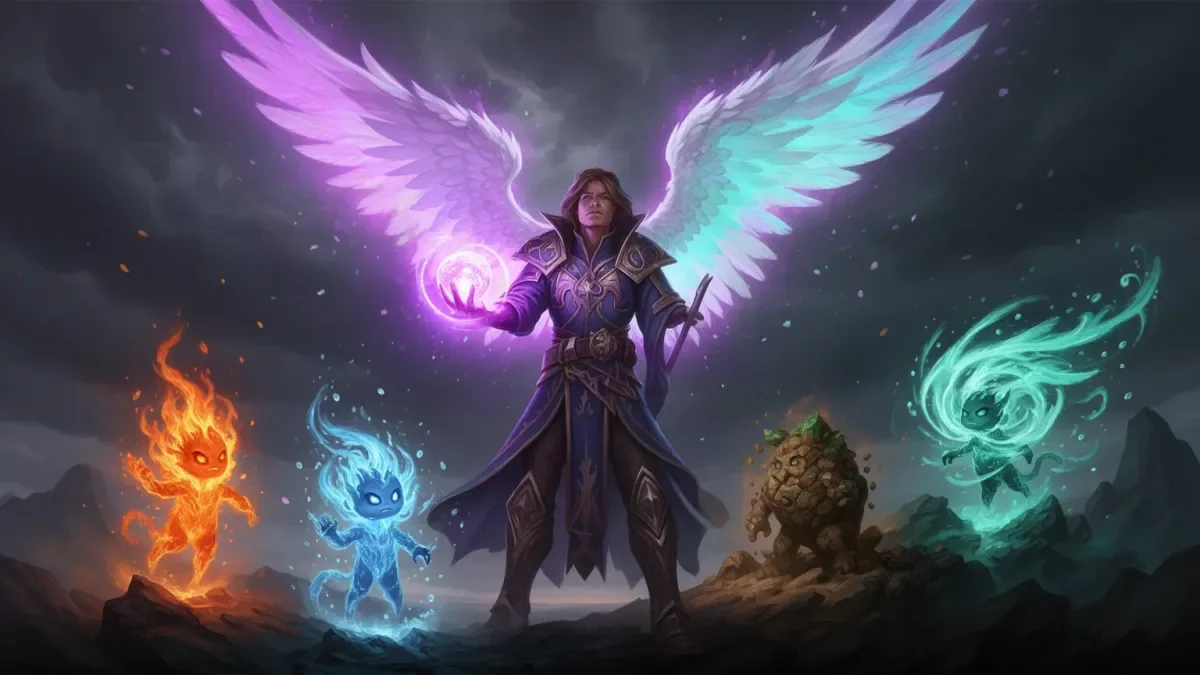 AION 2 Spiritmaster build illustration: summoner with fire, water, earth and wind spirits